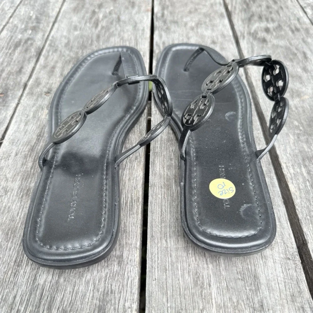 Tory Burch Tiny Mini Miller Sandals Thong Leather Flats Size 10 Black EUC